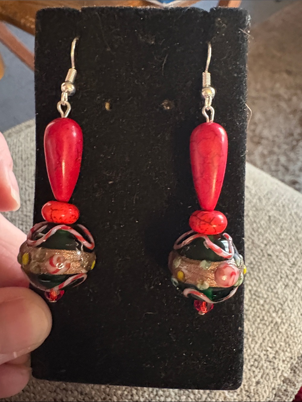 Hand Crafted Red Drop Earrings with Multicolor Lampwork Beads